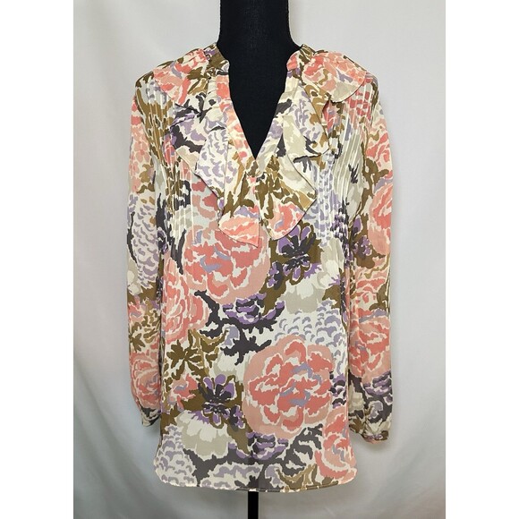 Lauren Ralph Lauren Multi Floral Sheer Ruffle Long Sleeve Blouse Top Women's PM - Picture 1 of 12